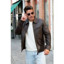 SCHOTT - Chaqueta de cuero gruesa casual marrón oscuro.
