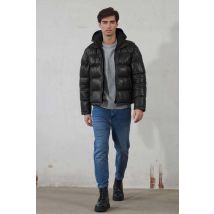 FREAKY NATION - Piumino in pelle nera con maniche e cappuccio removibili