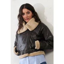 FREAKY NATION - Giubbotto bomber corto in pelle marrone scuro con pelliccia sintetica