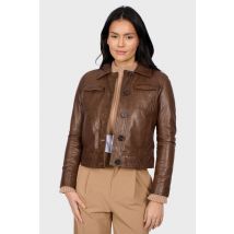 OAKWOOD - Chaqueta de cuero color cacao con botones y cuello camisero
