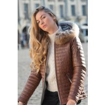 OAKWOOD - Chaqueta de plumas con capucha de piel color coñac y cuello de piel