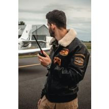 DAYTONA - Chaqueta de aviador de cuero negro desgastado con parches