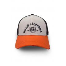 KOME'S ROAD - Gorra de malla naranja, blanca y azul con logotipo impreso.