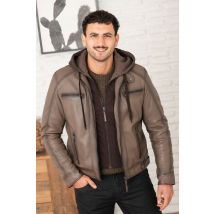 SERGE PARIENTE - Giacca in pelle color tortora con cappuccio rimovibile