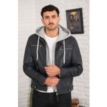 SERGE PARIENTE - Giacca in pelle blu con cappuccio grigio rimovibile