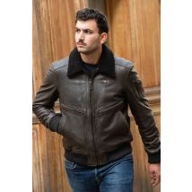 AERONAUTICA MILITARE - Chaqueta bomber vintage de cuero marrón oscuro con estampado en la espalda