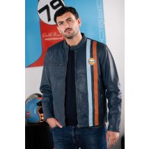GULF - Chaqueta de cuero con cuello de motociclista azul marino del Golfo