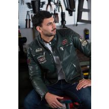 REDSKINS - Giacca in pelle verde con spalle testurizzate e stemmi da corsa