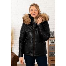 ROSE GARDEN - Chaqueta acolchada de cuero negro con capucha de piel auténtica.