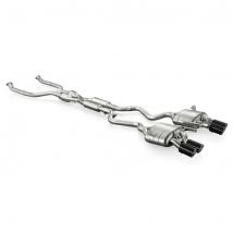 "Akrapovic Resonated 2.76" Titanium Downpipe Back Exhaust System With Sports Cat" - 4x 90mm Round Carbon Fibre Tailpipes
