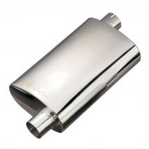 Custom Chrome Racing Stainless Steel Standard Exhaust Silencer Middle Box - 9 x 5 Inch, 14 Inch, Oval, 2.25 Inch, Stainless Steel, Offset/Offset