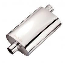 Custom Chrome Racing Stainless Steel Standard Exhaust Silencer Middle Box - 9 x 5 Inch, 14 Inch, Oval, 2.0 Inch, Stainless Steel, Centred/Offset