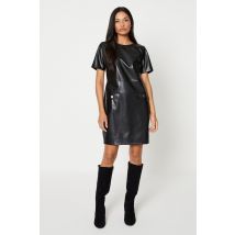 Women's Short Sleeve Pocket Front Pu Dress - black - 10