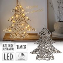 Deko Weihnachtsbaum mit warmweißen LEDs 30cm hoch Grau aus Rattan und Metall