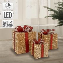 Deko Weihnachtsgeschenke 3er Set mit LEDs Hellbraun/Rot mit Schleifen und Timer