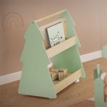 Kinder Bücherregal Tanne-Design Grün/Natur mit Ablagen und Rollen Joyz