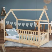 Kinderbett Hausbett 80x160 cm aus Kiefernholz mit Rausfallschutz Dach und Lattenrost Holzbett ML-Design