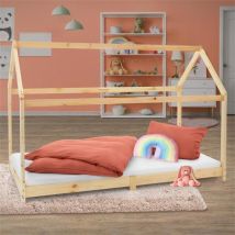 Kinderbett Hausbett 90x200 cm aus Kiefernholz Holzbett mit Dach und Lattenrost ML-Design