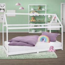 Kinderbett Hausbett 90x200 cm Weiß aus Kiefernholz Holzbett mit Dach und Lattenrost ML-Design