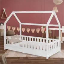 Kinderbett Hausbett 80x160 cm Weiß aus Kiefernholz mit Rausfallschutz Dach und Lattenrost Holzbett ML-Design