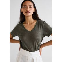 T-shirt manches courtes col métallisé en lin - Vert foncé - XS - Femme - Monoprix Premium