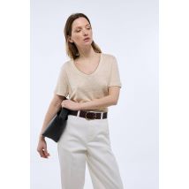 T-shirt manches courtes col métallisé en lin - Beige clair - S - Femme - Monoprix Premium