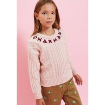Pull à torsades brodé en laine, certifié oeko-tex - clare v x monoprix - Rose clair - 3-4 ans - Enfant - Monoprix Createurs