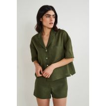 Pyjashort uni manches courtes en lin - Vert foncé - M - Femme - Monoprix Premium