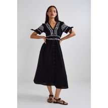 Robe midi brodée unie en coton bio gots et lin - Noir - 38 - Femme - Monoprix