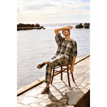 Pantalon fluide à carreaux en lin - Noir - XS - Femme - Monoprix Premium