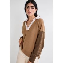 Pull col polo contrasté contenant de la laine et du cachemire - Beige - L - Femme - Monoprix
