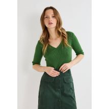 Pull manches coude à côtes en coton et cachemire - Vert - M - Femme - Monoprix