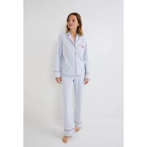 Pyjama rayé en flanelle de coton bio et broderie coeur - Bleu - XL - Femme - Monoprix