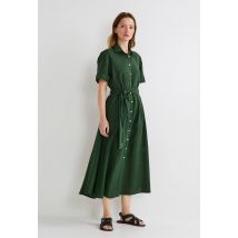 Robe midi ceinturée unie en lin - Vert foncé - 38 - Femme - Monoprix