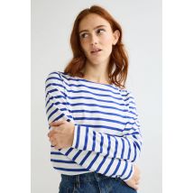 T-shirt manches longues rayé en coton bio - Bleu - L - Femme - Monoprix