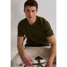 T-shirt manches courtes col tunisien gaufré en coton bio gots - Vert foncé - M - Homme - Monoprix