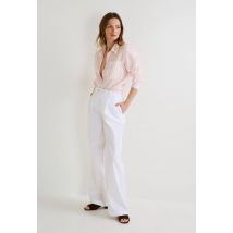 Pantalon large taille haute en lin et coton - Blanc - 38 - Femme - Monoprix