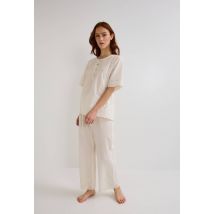 Pyjama avec détails broderies en coton bio - Beige Ecru - L - Femme - Monoprix
