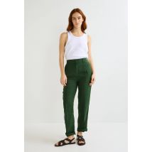 Pantalon carotte à taille semi-élastiquée en lin - Vert foncé - 34 - Femme - Monoprix Premium