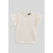 T-shirt à manches volantées et broderies en coton bio - Beige clair - 14 ans - Enfant - Monoprix
