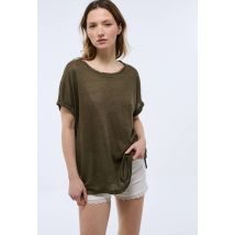 T-shirt col rond en lin jersey - Vert foncé - S - Femme - Monoprix Premium