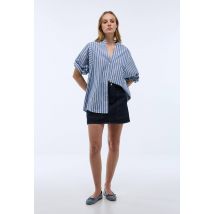 Blouse manches longues rayée en coton et lin - Bleu - L - Femme - Monoprix