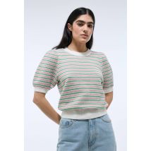 Pull manches courtes à rayures - Beige Ecru - S - Femme - Monoprix