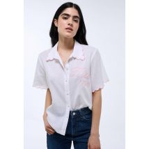Chemise manches courtes unie brodée en coton et lin - Blanc - L - Femme - Monoprix