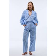Pyjama à encolure froncée en coton chambray - Bleu - L - Femme - Monoprix