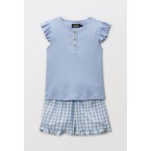 Pyjama débardeur short à volant vichy en coton bio gots - Bleu - 8 ans - Enfant Fille - Monoprix