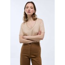 T-shirt manches courtes col métallisé en lin - Beige - XS - Femme - Monoprix Premium