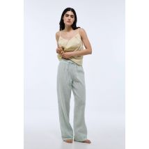 Pantalon rayée lin coton - Vert foncé - L - Femme - Monoprix