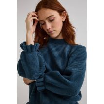 Pull col montant à volants contenant de la laine - Bleu - S - Femme - Monoprix