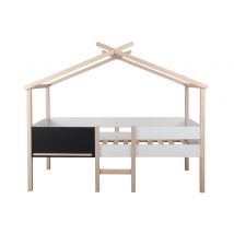 Nordic Factory - Lit cabane mi-hauteur enfant 90X200 - blanc et bois - tableau ardoise - avec sommier à lattes - pin massif et MDF - modèle Alto